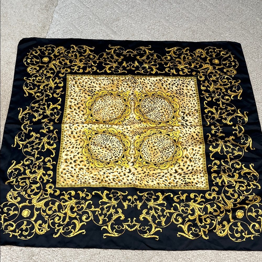 Black Gold Baroque Leopard Print Square Scarf 35” x 35”